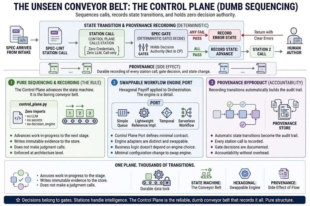 Diagram showing the control plane as a conveyor belt connecting stations, gates, and artifact storage in a software factory