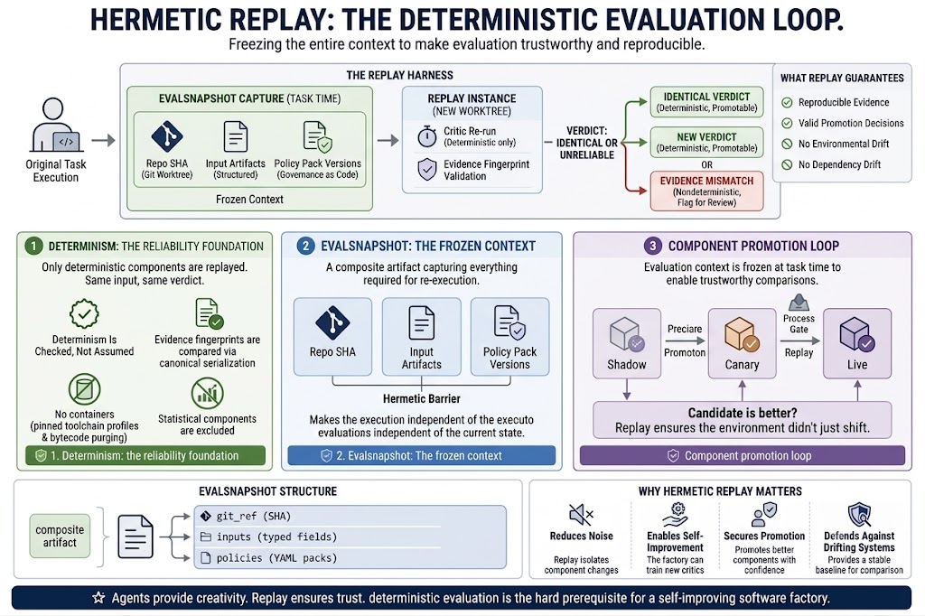 Diagram showing hermetic replay: frozen repo snapshot feeding into a replay harness that re-runs critics and gates deterministically